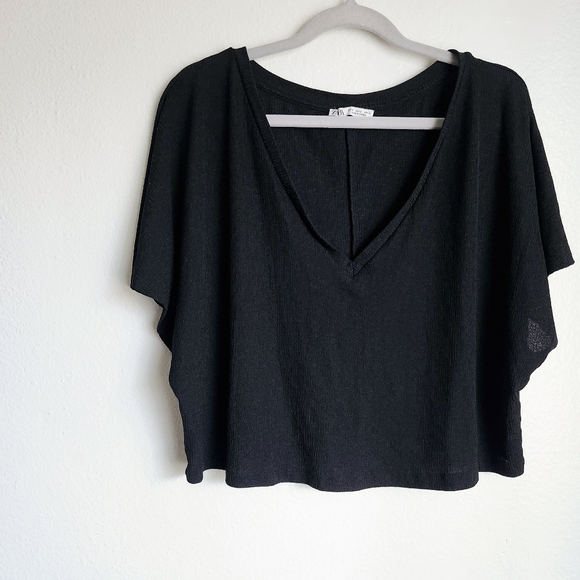 ZARA Ribbed Oversized V-Neck Blouse S Basic Crop Top Slouchy Chic Minimalist - Picture 1 of 7